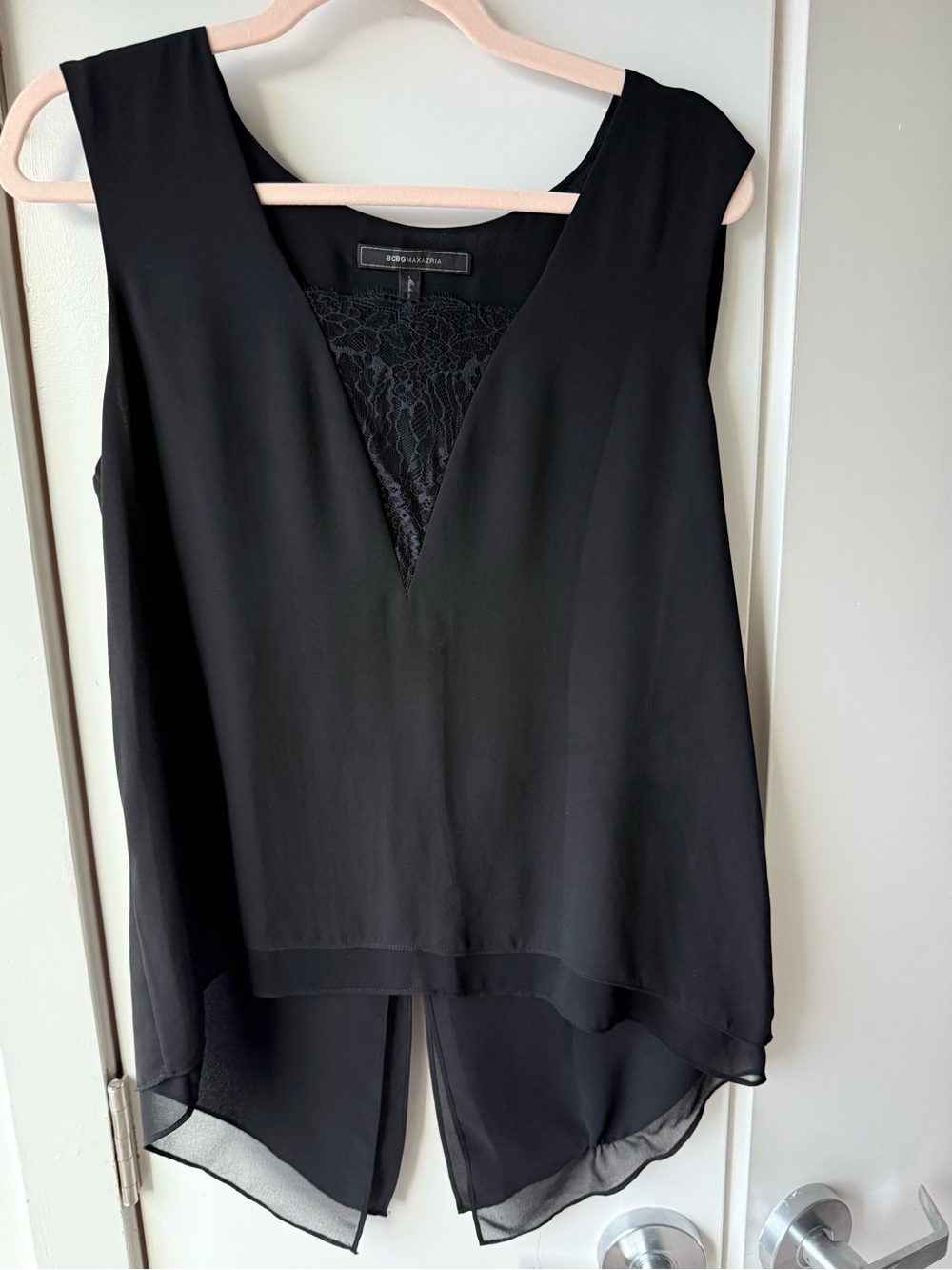 BCBGMAXAZRIA Black Sleeveless Lace V-Neck Layered Sheer Hem Blouse Top